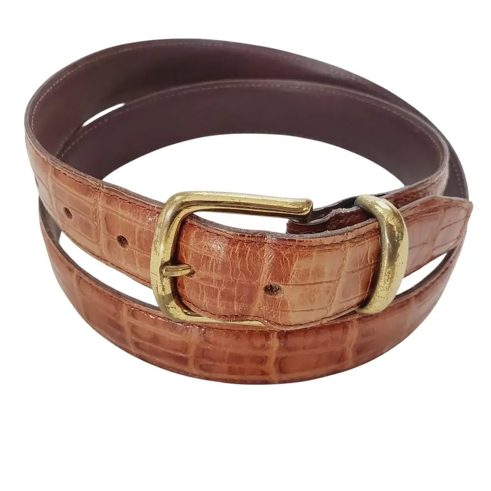 Y2K Bill Blass Brown Genuine Crocodile Embossed Leather Belt Women's 38 Boho